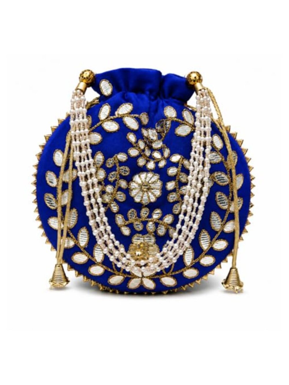Embroidered Silk Potli Clutch with Pearl Handle Drawstring